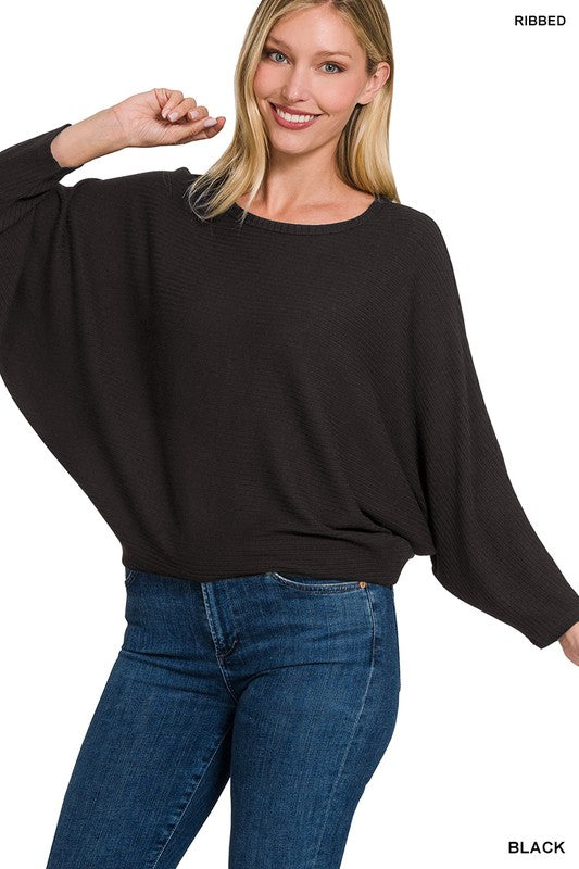 Ribbed Batwing Sweater - Black-Sweater- Hometown Style HTS, women's in store and online boutique located in Ingersoll, Ontario