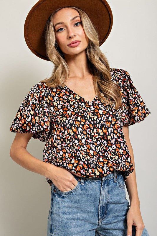 Printed Blouse with Puff Sleeves - Black-blouse- Hometown Style HTS, women's in store and online boutique located in Ingersoll, Ontario