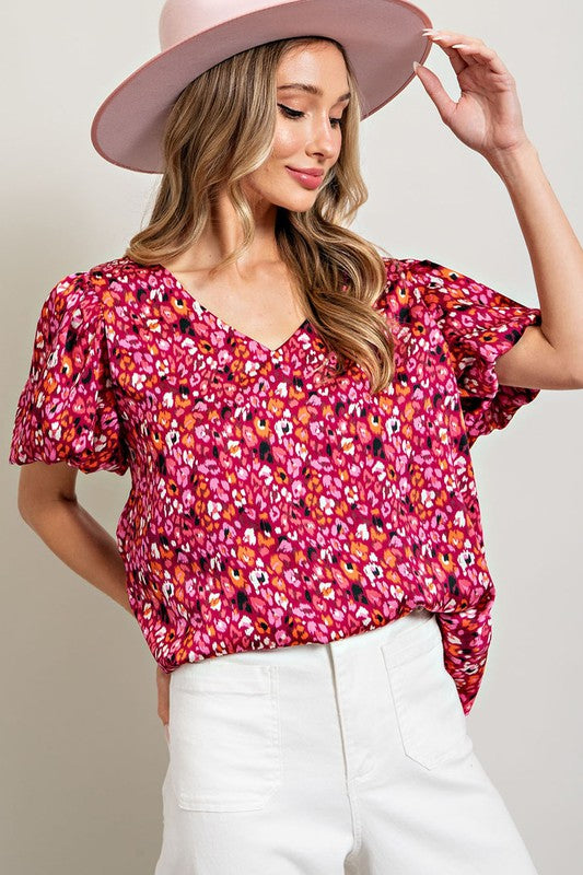 Printed Blouse with Puff Sleeves - Pink-blouse- Hometown Style HTS, women's in store and online boutique located in Ingersoll, Ontario