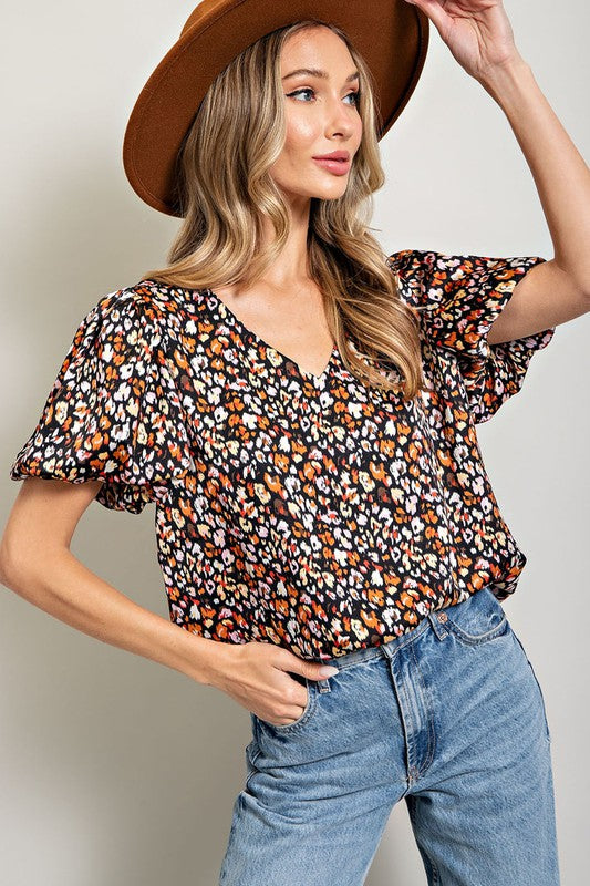 Printed Blouse with Puff Sleeves - Black-blouse- Hometown Style HTS, women's in store and online boutique located in Ingersoll, Ontario