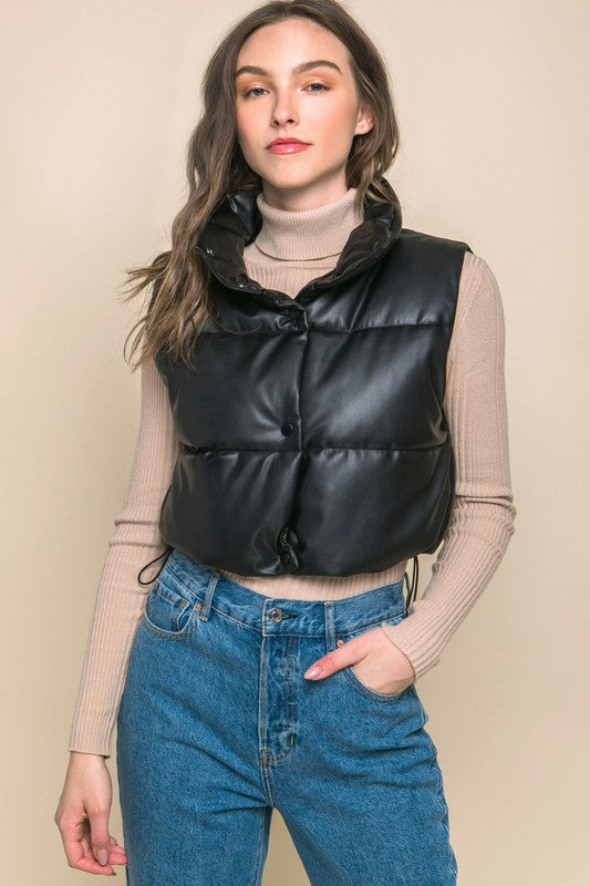 Vegan Leather Puffer Vest - Black-Vests- Hometown Style HTS, women's in store and online boutique located in Ingersoll, Ontario