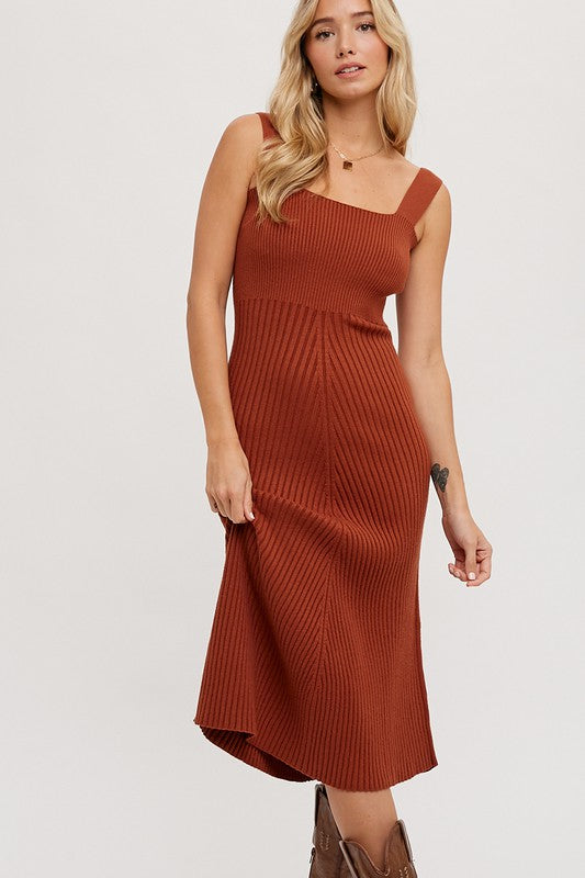 Square Neck, Midi Dress - Terracotta-Dress- Hometown Style HTS, women's in store and online boutique located in Ingersoll, Ontario