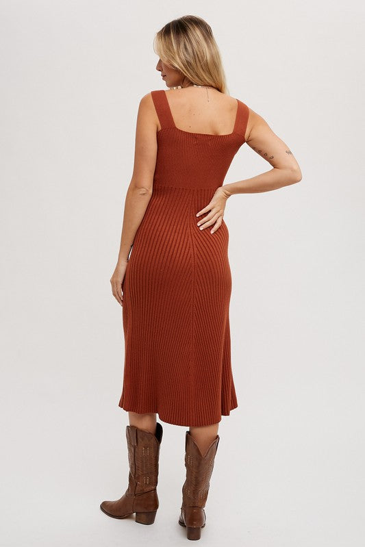 Square Neck, Midi Dress - Terracotta-Dress- Hometown Style HTS, women's in store and online boutique located in Ingersoll, Ontario
