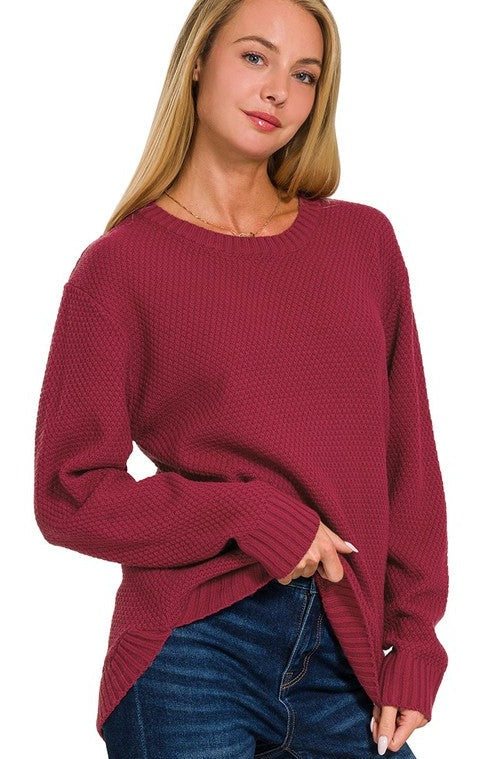 Round Neck Basic Sweater - Wine-Sweater- Hometown Style HTS, women's in store and online boutique located in Ingersoll, Ontario