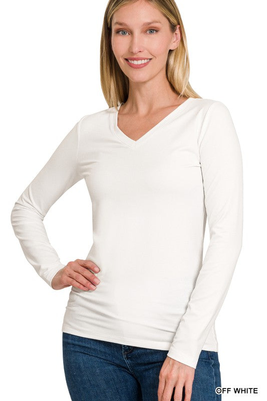 Long Sleeve V Neck - White-long Sleeve- Hometown Style HTS, women's in store and online boutique located in Ingersoll, Ontario