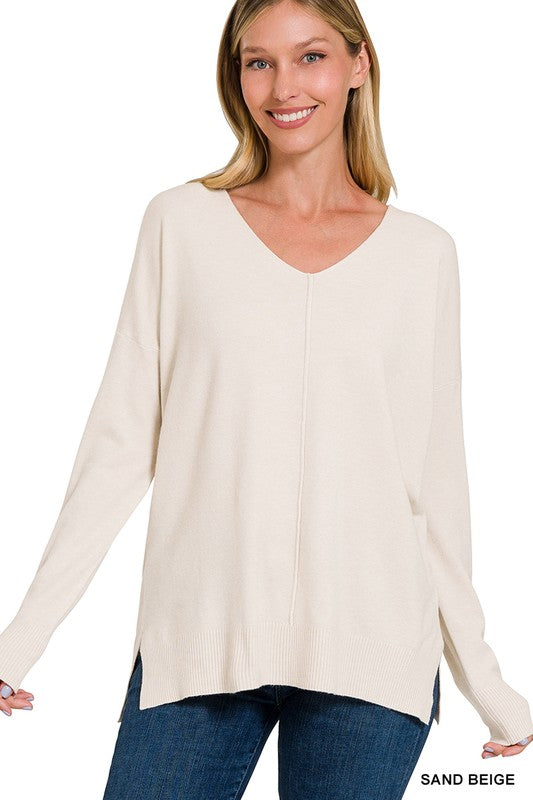 Essential Fall V Neck Pullover - Sand Beige- Hometown Style HTS, women's in store and online boutique located in Ingersoll, Ontario