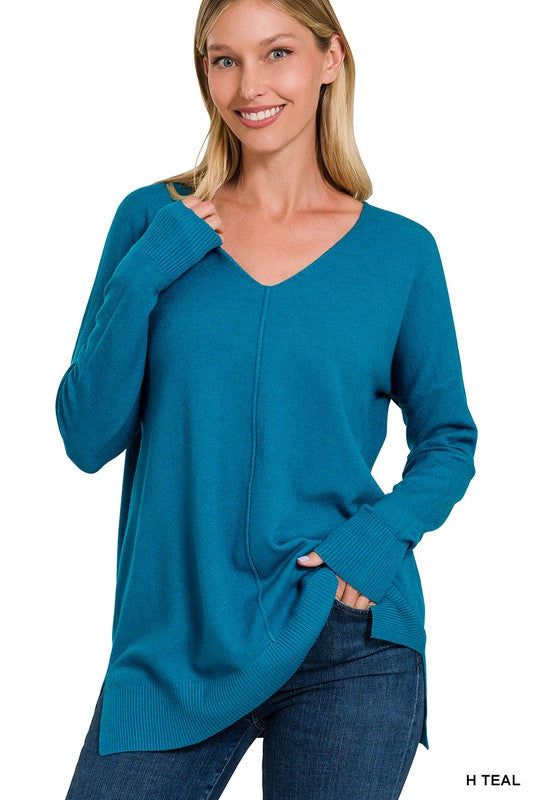 Essential Fall V Neck Pullover - Teal-Sweater- Hometown Style HTS, women's in store and online boutique located in Ingersoll, Ontario