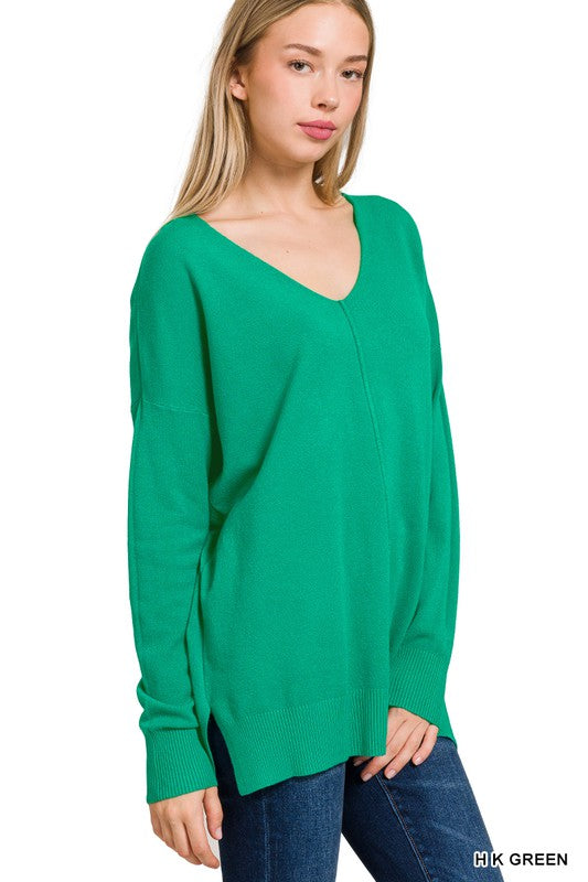 Essential V Neck Pullover - Kelly Green-Sweater- Hometown Style HTS, women's in store and online boutique located in Ingersoll, Ontario