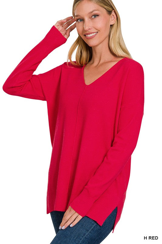 Essential Fall V Neck Pullover - Red-Sweater- Hometown Style HTS, women's in store and online boutique located in Ingersoll, Ontario