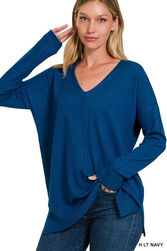Essential Fall V Neck Pullover - Navy-Sweater- Hometown Style HTS, women's in store and online boutique located in Ingersoll, Ontario