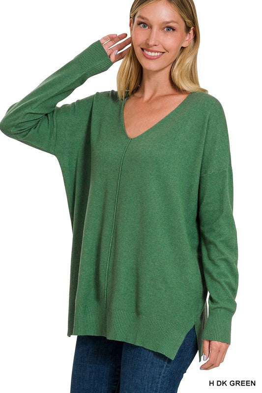 Essential Fall V Neck Pullover - Green-Sweater- Hometown Style HTS, women's in store and online boutique located in Ingersoll, Ontario