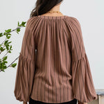 Striped Peasant Blouse - Brown-blouse- Hometown Style HTS, women's in store and online boutique located in Ingersoll, Ontario