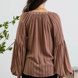 Striped Peasant Blouse - Brown-blouse- Hometown Style HTS, women's in store and online boutique located in Ingersoll, Ontario