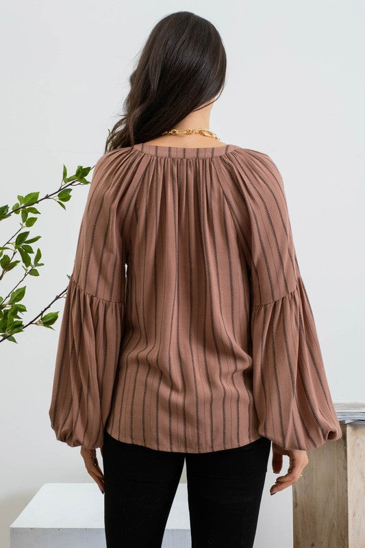 Striped Peasant Blouse - Brown-blouse- Hometown Style HTS, women's in store and online boutique located in Ingersoll, Ontario