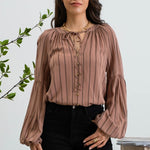 Striped Peasant Blouse - Brown-blouse- Hometown Style HTS, women's in store and online boutique located in Ingersoll, Ontario