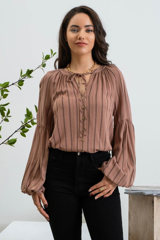 Striped Peasant Blouse - Brown-blouse- Hometown Style HTS, women's in store and online boutique located in Ingersoll, Ontario