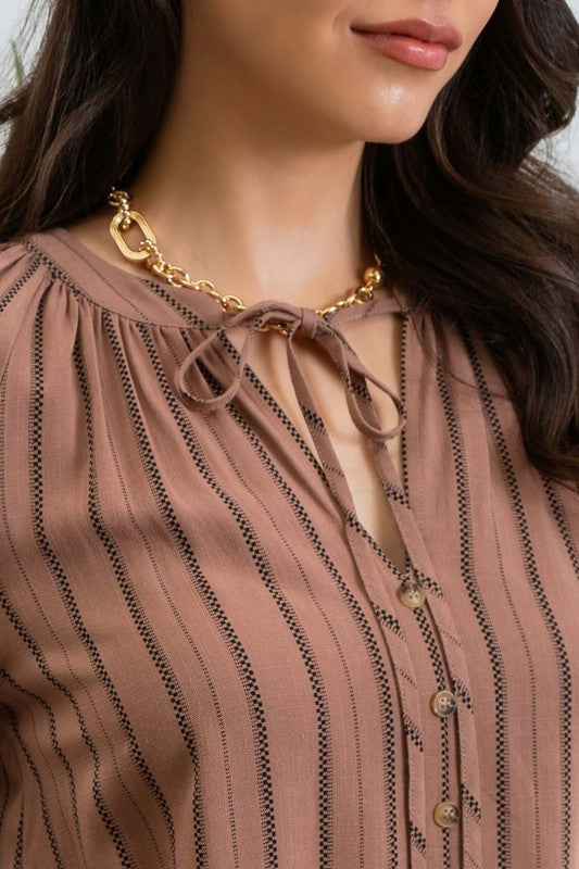 Striped Peasant Blouse - Brown-blouse- Hometown Style HTS, women's in store and online boutique located in Ingersoll, Ontario