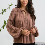 Striped Peasant Blouse - Brown-blouse- Hometown Style HTS, women's in store and online boutique located in Ingersoll, Ontario