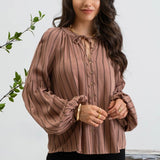 Striped Peasant Blouse - Brown-blouse- Hometown Style HTS, women's in store and online boutique located in Ingersoll, Ontario