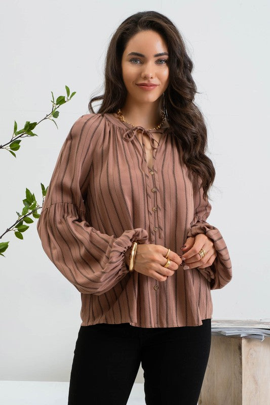 Striped Peasant Blouse - Brown-blouse- Hometown Style HTS, women's in store and online boutique located in Ingersoll, Ontario