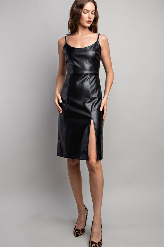 Faux Leather Midi Dress - Black-Dress- Hometown Style HTS, women's in store and online boutique located in Ingersoll, Ontario