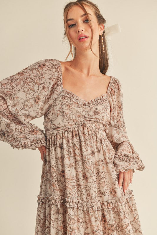 Floral Print Ruffle Trim Midi Dress - Blush-Dress- Hometown Style HTS, women's in store and online boutique located in Ingersoll, Ontario