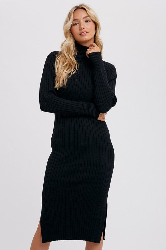 Turtleneck Ribbed Sweater Midi Dress - Black- Hometown Style HTS, women's in store and online boutique located in Ingersoll, Ontario