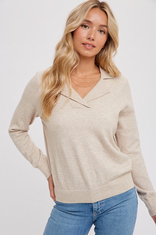 Notched Collar Pullover - Oatmeal- Hometown Style HTS, women's in store and online boutique located in Ingersoll, Ontario