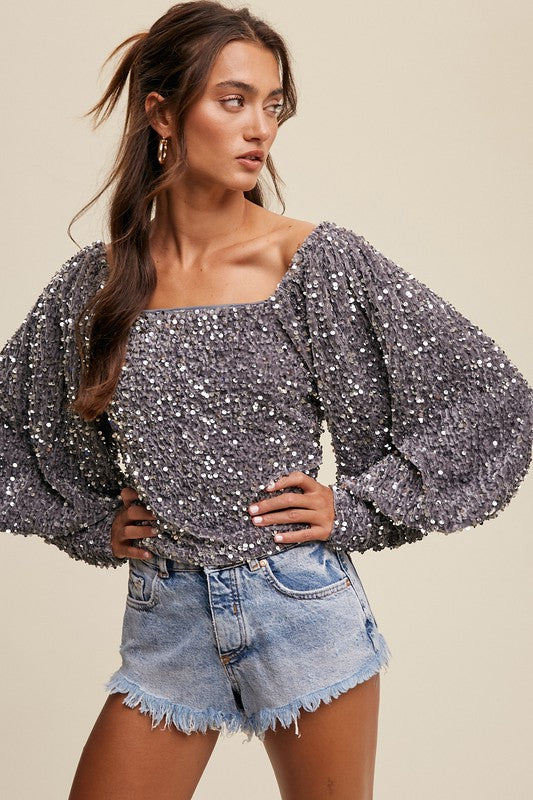 Sequin Velvet, Puff Sleeve Top - Silver-blouse- Hometown Style HTS, women's in store and online boutique located in Ingersoll, Ontario