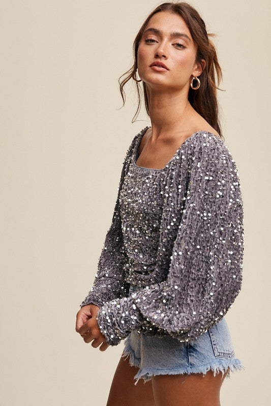Sequin Velvet, Puff Sleeve Top - Silver-blouse- Hometown Style HTS, women's in store and online boutique located in Ingersoll, Ontario