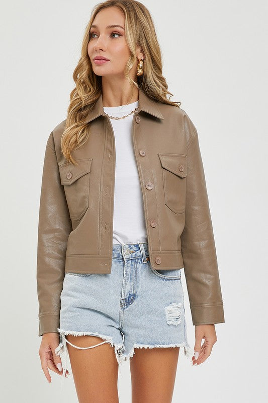 Faux Leather Crop Jacket - Mocha-Coats & Jackets- Hometown Style HTS, women's in store and online boutique located in Ingersoll, Ontario