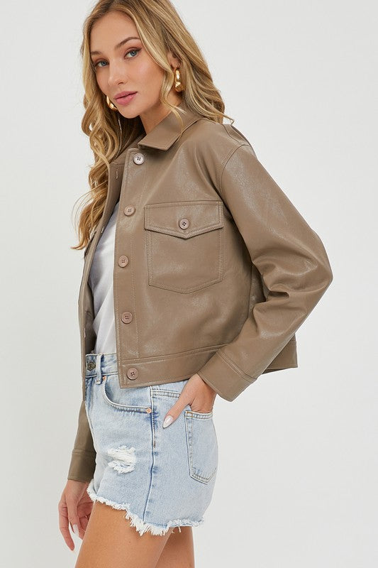 Faux Leather Crop Jacket - Mocha-Coats & Jackets- Hometown Style HTS, women's in store and online boutique located in Ingersoll, Ontario