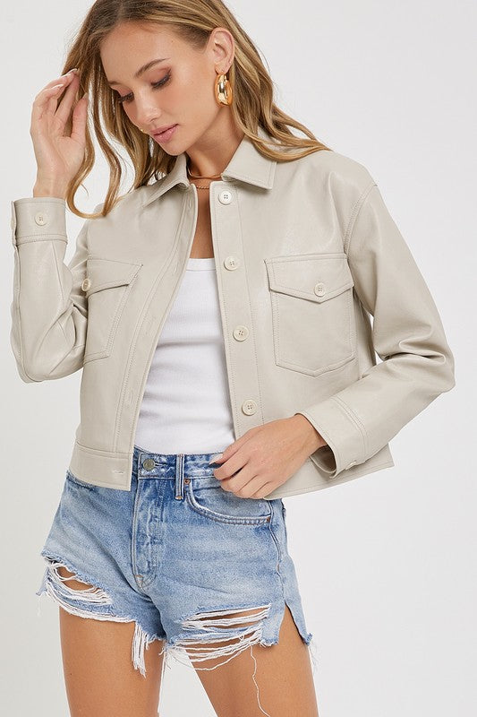 Faux Leather Crop Jacket - Cream-Coats & Jackets- Hometown Style HTS, women's in store and online boutique located in Ingersoll, Ontario