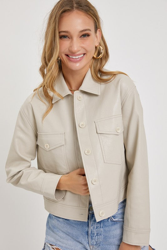 Faux Leather Crop Jacket - Cream-Coats & Jackets- Hometown Style HTS, women's in store and online boutique located in Ingersoll, Ontario