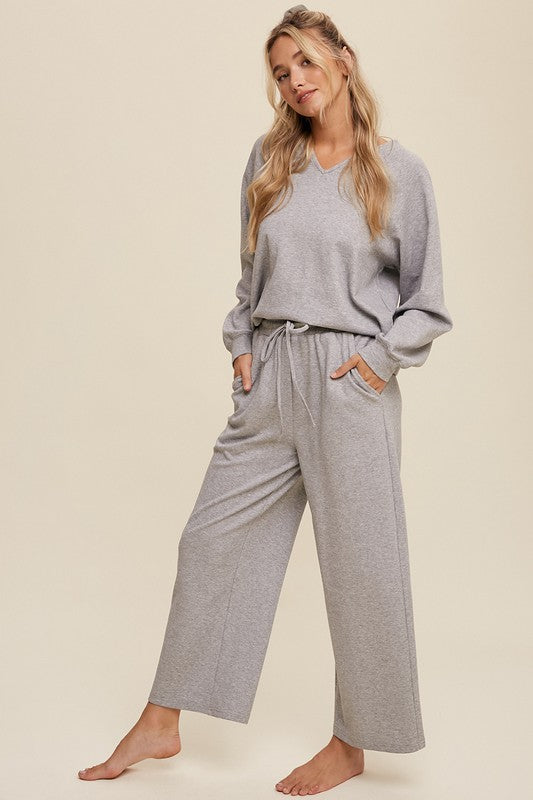 V Neck, Sweatshirt and Pants Set - Heather Grey-set- Hometown Style HTS, women's in store and online boutique located in Ingersoll, Ontario