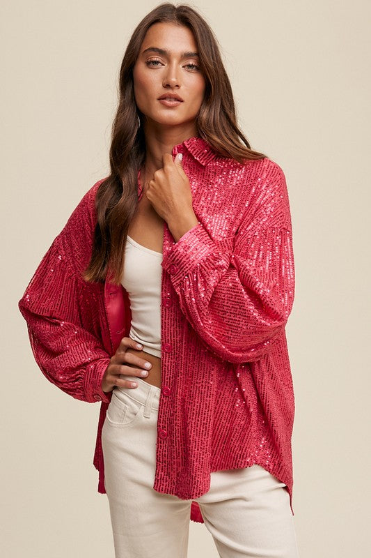 Sequin Button Down - Hot Pink-blouse- Hometown Style HTS, women's in store and online boutique located in Ingersoll, Ontario