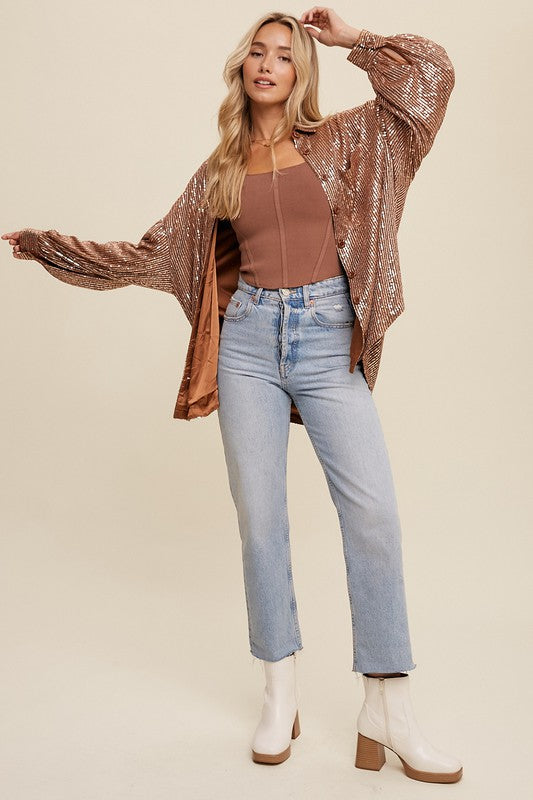 Sequin Button Down - Copper-blouse- Hometown Style HTS, women's in store and online boutique located in Ingersoll, Ontario