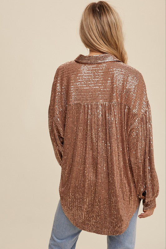 Sequin Button Down - Copper-blouse- Hometown Style HTS, women's in store and online boutique located in Ingersoll, Ontario
