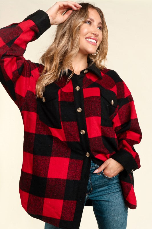 Buffalo Plaid Button Down-Coats & Jackets- Hometown Style HTS, women's in store and online boutique located in Ingersoll, Ontario