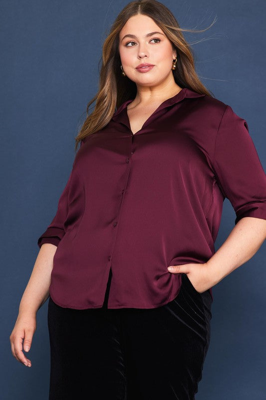 Recycled Button Down Blouse - Plum-blouse- Hometown Style HTS, women's in store and online boutique located in Ingersoll, Ontario