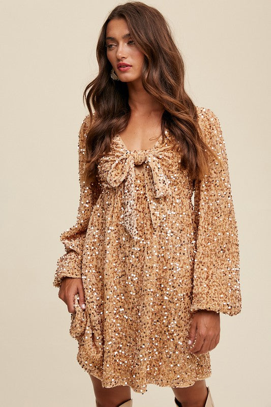 Front Tie, Sequin Dress - Gold-Dress- Hometown Style HTS, women's in store and online boutique located in Ingersoll, Ontario