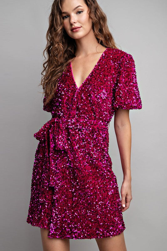 Mini Sequin Wrap Dress - Hot Pink-Dress- Hometown Style HTS, women's in store and online boutique located in Ingersoll, Ontario