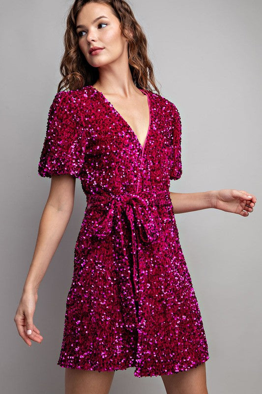 Mini Sequin Wrap Dress - Hot Pink-Dress- Hometown Style HTS, women's in store and online boutique located in Ingersoll, Ontario