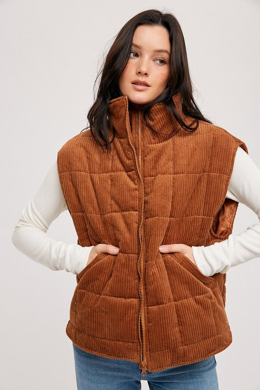 Corduroy Quilted Vest - Camel-Vests- Hometown Style HTS, women's in store and online boutique located in Ingersoll, Ontario