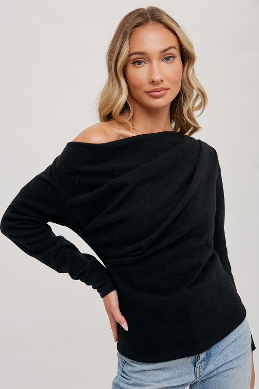 Off Shoulder Knit Pullover - Black-Sweater- Hometown Style HTS, women's in store and online boutique located in Ingersoll, Ontario
