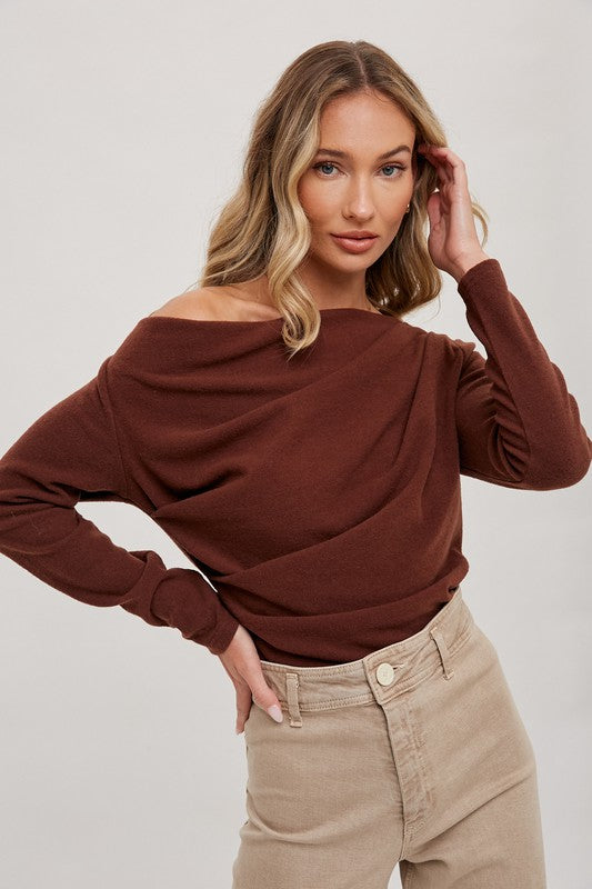 Off Shoulder Knit Pullover - Hazelnut-Sweater- Hometown Style HTS, women's in store and online boutique located in Ingersoll, Ontario