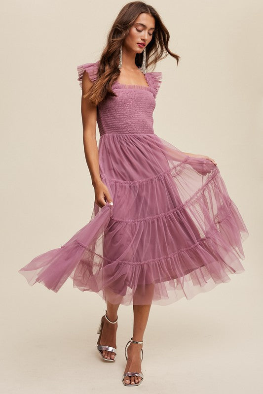 Smocked, Ruffle Tiered Mesh Maxi Dress - Lavender-Dress- Hometown Style HTS, women's in store and online boutique located in Ingersoll, Ontario