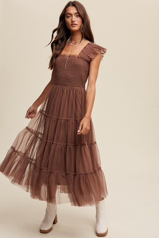 Smocked, Ruffle Tiered Mesh Maxi Dress - Mocha-Dress- Hometown Style HTS, women's in store and online boutique located in Ingersoll, Ontario