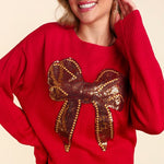 Gold Sequin Bow Christmas Sweater - Red-Sweater- Hometown Style HTS, women's in store and online boutique located in Ingersoll, Ontario