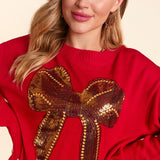 Gold Sequin Bow Christmas Sweater - Red-Sweater- Hometown Style HTS, women's in store and online boutique located in Ingersoll, Ontario